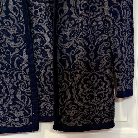 Talbots  XS Navy Blue & Grey Damask Cardigan Cotton Cashmere Blend Open Front - Picture 3 of 6